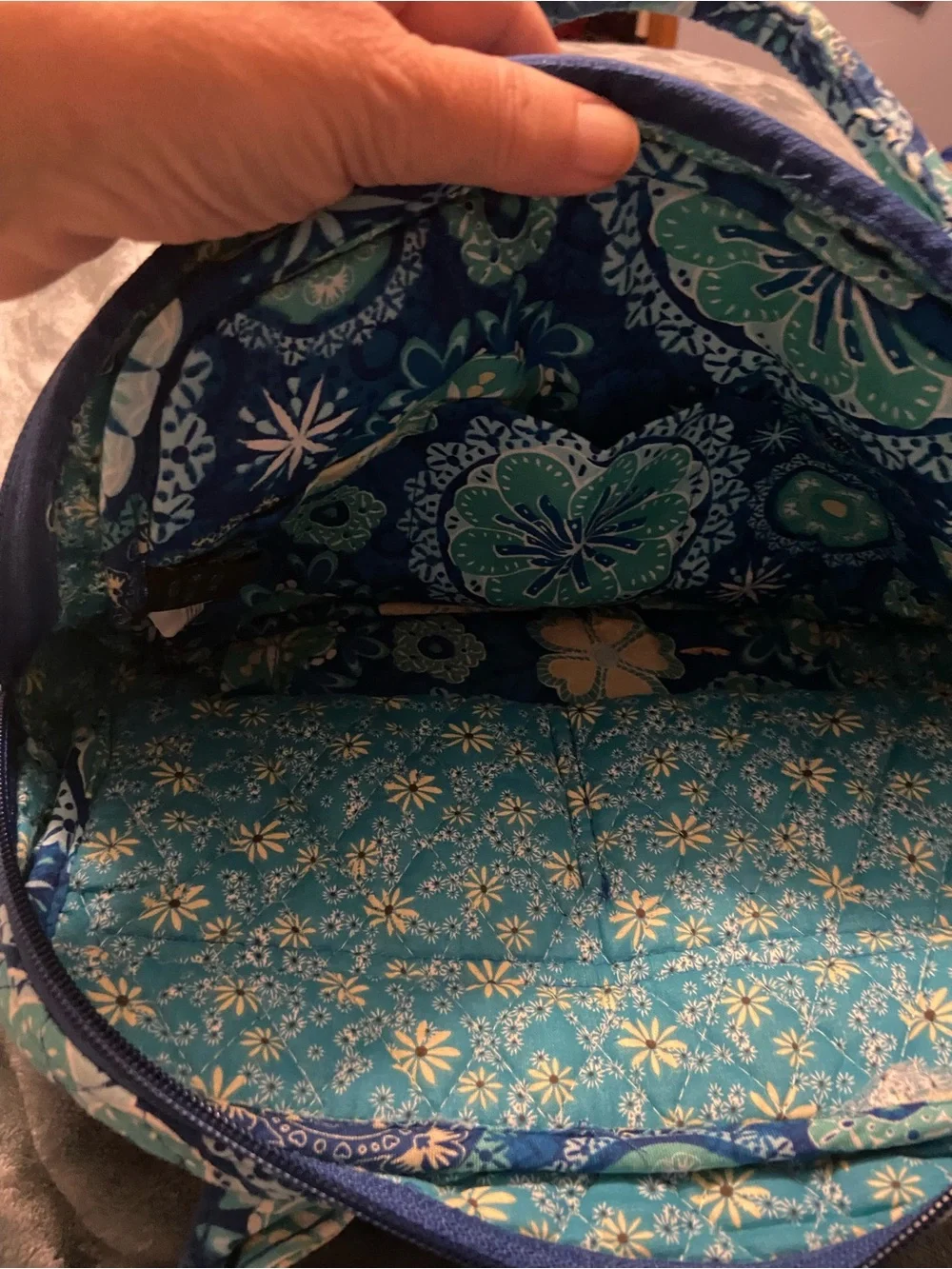 Blue Floral Quilted Cosmetic Bag with Top Handle